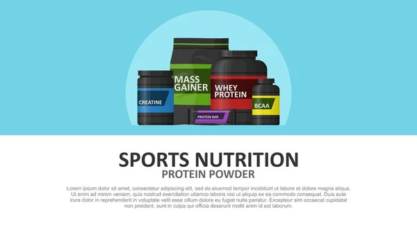 문자 메시지를 넣을 수있는 완벽 한 스포츠 영양 배너입니다. 영양학적 보조제 whey protein product brand. 건강 과 건강 한 생활 방식의 개념. 벡터 일러스트 — 스톡 벡터