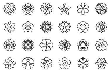 Beyaz arkaplanda yay çiçek çizgisi simgeleri var. Basit çiçekli ikonlar. Dekoratif çiçek silueti koleksiyonu. Farklı şekillerde ve çeşitli şekillerde. Clipart vektör illüstrasyonu