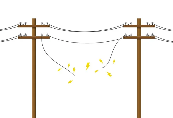 Broken electric pole damaged short circuit with spark. Wood power lines, Electric power transmission. Utility pole Electricity concept. High voltage wires, Vector illustration — Vetor de Stock