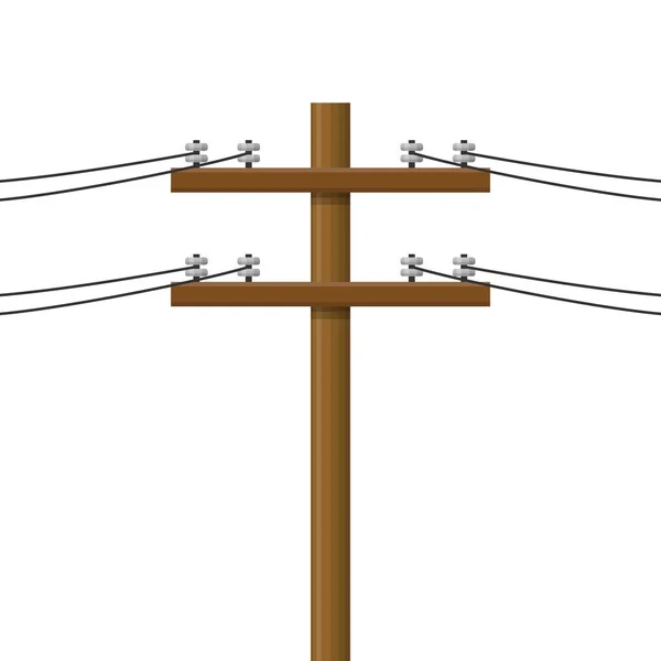 Biegun elektryczny izolowany na białym tle. Drewniane linie energetyczne, elektryczna skrzynia biegów. Koncepcja słupa elektrycznego. Przewody wysokiego napięcia, Ilustracja wektora — Wektor stockowy