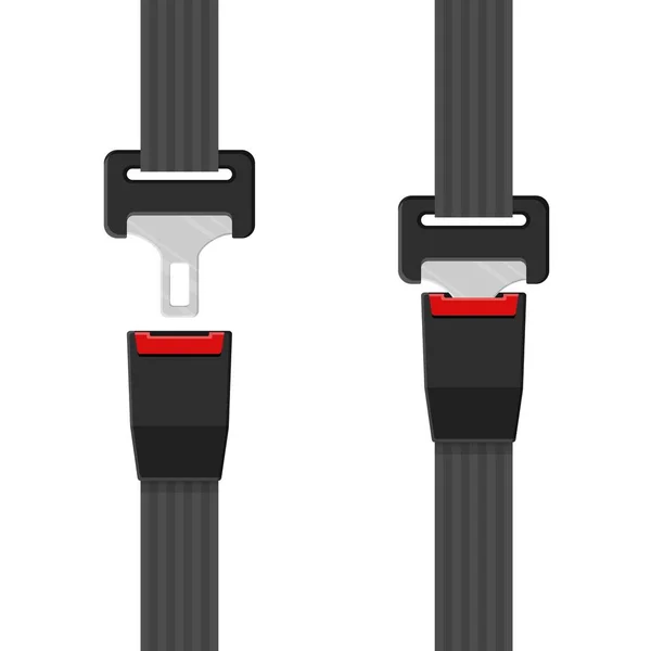 Unblocked and blocked driver and passengers seat belt with fastener and black strap on white background. Safety belt for protection. Safety equipment for car and plane. Lifesaver vector illustration — Vetor de Stock