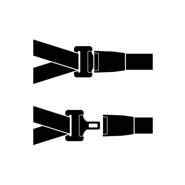 Ícone de cinto de segurança desbloqueado e bloqueado do motorista e dos passageiros com fecho e cinta preta sobre fundo branco. Cinto de segurança para proteção. Equipamento de segurança para carro e avião. Salva-vidas —  Vetores de Stock