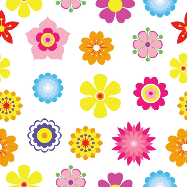 Voorjaar bloemen naadloze patroon achtergrond. Eenvoudige kleurrijke bloemen pictogrammen in felle kleuren. Decoratieve bloem silhouet collectie. Horizontale witte banier. Vectorillustratie — Stockvector