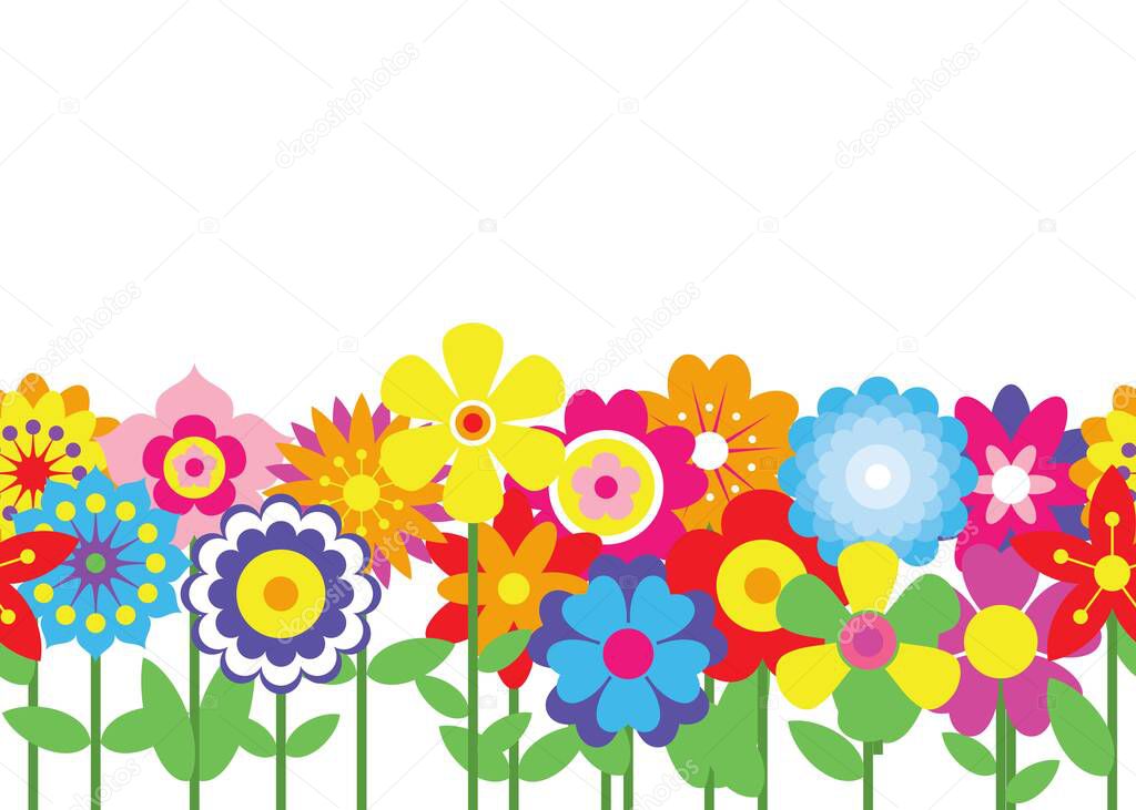 Spring flowers border seamless pattern background. Simple colorful floral icons in bright colors. Decorative flower silhouette collection. Horizontal white banner. Vector illustration
