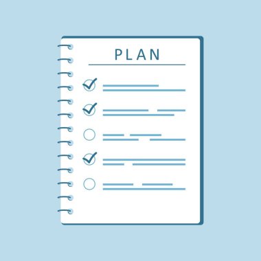 Plan ya da yapılacaklar listesi, çalışma planı ve organizasyonu, kontrol listesi ya da görev listesi. Kontrol işaretli kağıt kağıtlar ve soyut metin. Okul iş günlüğü. Ofis kağıtları not defterleri. Vektör illüstrasyonu