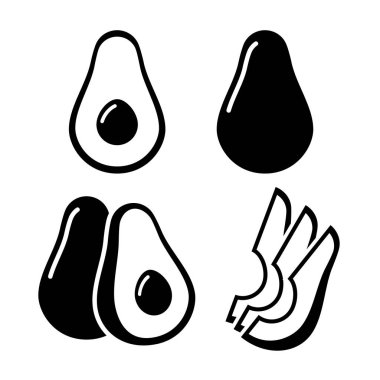 Avokado simgeleri beyaz arkaplanda izole edildi. Tam meyve ya da sebze, yarısı, dilimler, büyük bir tohumla. Sağlıklı bir yaşam için yaz meyveleri. Organik meyveler. Vektör illüstrasyonu