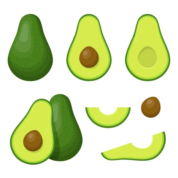 Set de aguacate aislado sobre fondo blanco. Frutas o verduras enteras de color verde brillante, la mitad, rebanadas, con una semilla grande. Frutas de verano para un estilo de vida saludable. Frutas orgánicas. Ilustración vectorial — Archivo Imágenes Vectoriales