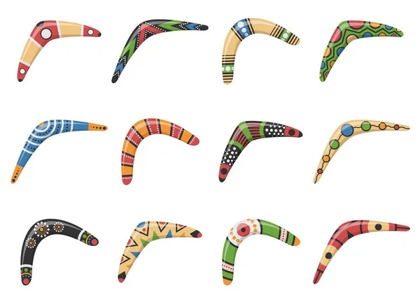 Traditional wooden boomerang of different shapes icons set isolated on white background. Australian native hunting and sport weapon. Aboriginal wooden boomerangs. Vector illustration — Stock Vector