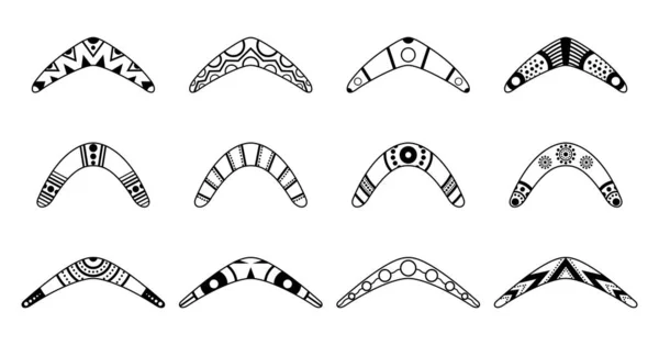 Boomerang tradizionale in legno di diverse forme icone insieme isolato su sfondo bianco. Caccia nativa australiana e arma sportiva. Icona aborigena in legno boomerang. Illustrazione vettoriale — Vettoriale Stock