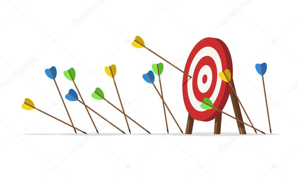 Many arrows missed their target. Several unsuccessful inaccurate attempts to hit the target of archery. Metaphor for failure in business. Fail concept, Vector illustration