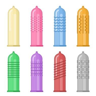 Farklı şekillerde ve beyaz arka planda yalıtılmış dalları olan kondomlar. Kapalı ve açık lateks prezervatif koleksiyonu, güvenli seks için doğum kontrol yöntemi. Cinsel koruma vektörü çizimi