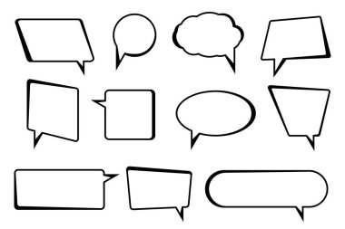 Konuşma baloncukları metin seti, sohbet kutusu simgeleri, beyaz arkaplanda izole edilmiş düz tasarım mesaj kutusu. Balon karalama tarzı düşünme işareti. Vektör illüstrasyonu