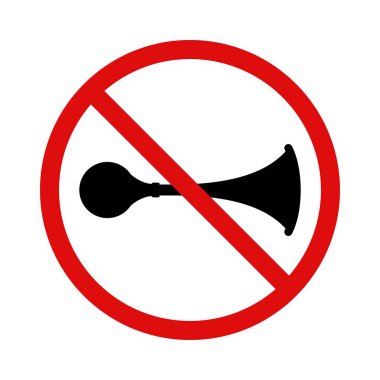 Beyaz arka planda boynuzlu yol işareti yok. Sinyal boynuzu simgesinin üzerini çizdim, sert seslerin yasaklanması. Korna çalmayı yasakla. Gürültülü ses işareti yok. Vektör illüstrasyonu