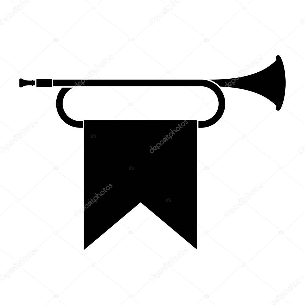 Horn trumpet icon musical instrument isolated on white background. Royal fanfare with triumphant flag for play music. Vector illustration