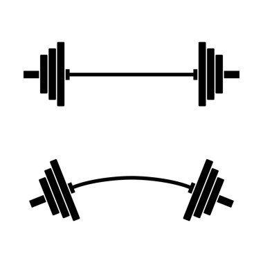 Düz ve kıvrımlı halter ikonu beyaz arka planda izole edilmiş. Halter ekipmanları, vücut geliştirme, spor salonu, yaya geçidi, spor salonu, spor salonu sembolü. Spor vektörü illüstrasyonu.