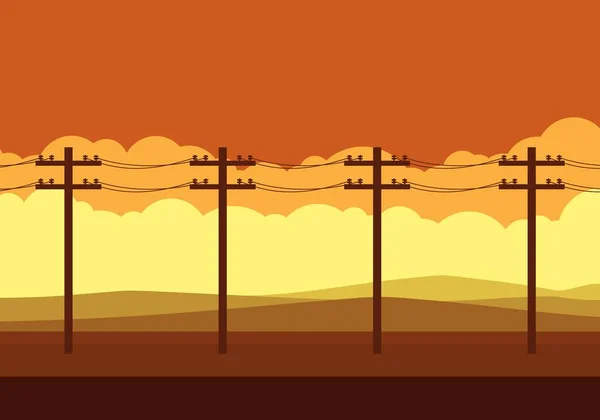 Strommast Vor Hügeln Mit Landschaftsmodus Und Wunderschönem Sonnenuntergang Strommast Auf — Stockvektor