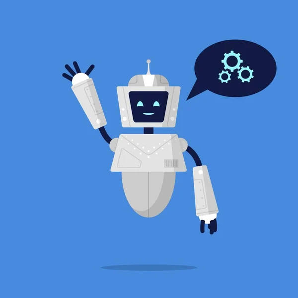 Sonriente Robot Chatbot Ayudando Resolver Problemas Movimientos Saludo Futurista Mascota Ilustración de stock