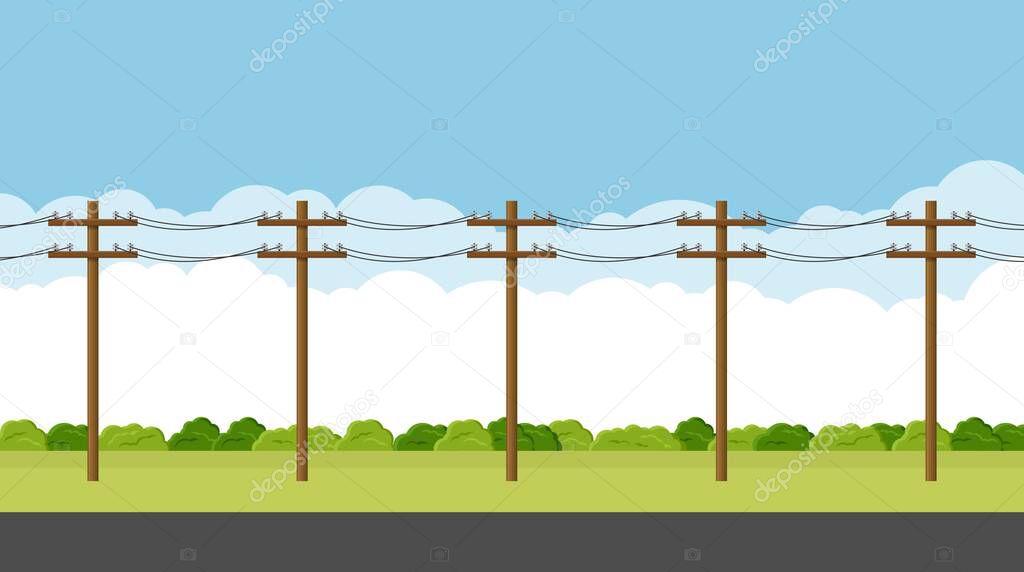 Overhead electric power lines with cables suspended on utility poles. Empty countryside road. Utility pole Electricity concept. High voltage wires. Landscape vector illustration.