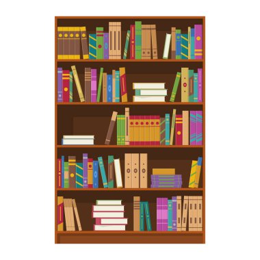 Brown wooden bookcase with books of library or bookstore isolated on white background. Book shelves with multicolored book spines. Education and knowledge, studying and learning. Vector illustration.