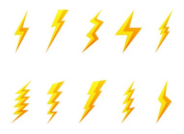 Lightning bolt icons collection set isolated on white background. Yellow flash symbol, thunderbolt. Golden simple lightning strike sign. Vector illustration.
