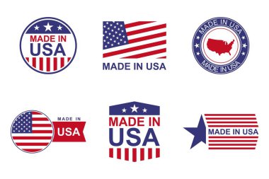 Made in USA labels set. Product manufactured in the United States of America icon patriotic signs. American quality business and national theme. Americans banners templates. Vector illustration.