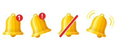 Bildirim çanı simgesi beyaz arkaplanda izole edildi. Sosyal medya hatırlatması için altın çan çalıyor. Alarm saati ve akıllı telefon uygulama uyarısı veya yeni ileti vektörü için imzala