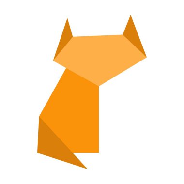 Origami kağıdı, beyazı izole edilmiş düz bir kedi. Kağıt katlama sanatı. Japon origami vinci. Kağıt figür Kedi oyuncağı ikonu. Çizgi film geometrik vahşi hayvan şekilli figürler. Vektör illüstrasyonu.