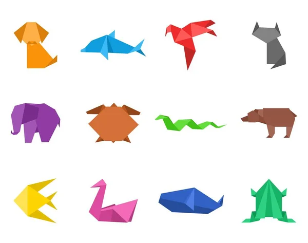 Origami Set Animali Giapponesi Hobby Moderno Poligono Piegato Carta Colore — Vettoriale Stock