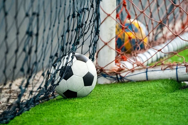 Classical Football Soccer Ball Goal Lying Artifinal Grass Ready Play — стоковое фото