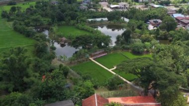 Drone view of Sufficiency Economy, Land full of agricultural activities with green rice fields, big ponds, and trees. Small houses and temple close by a pond.