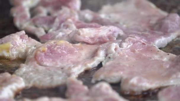 豚肉の首に近い大規模な調理器のグリルでグリルされている — ストック動画