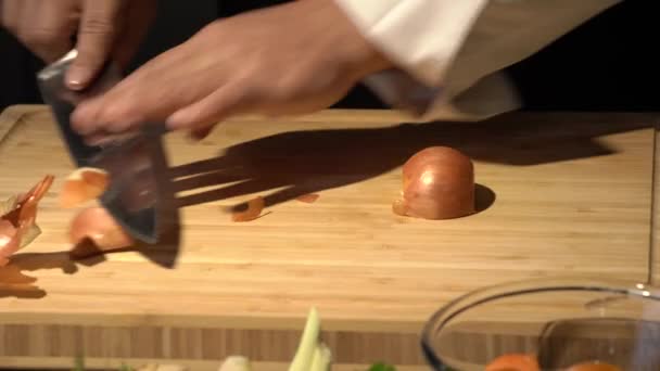 Cut Onion Wooden Cutting Board Small Pieces Slice Kitchen Knife — Stock Video