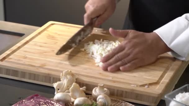 Gemischte Zwiebel Rote Zwiebel Und Galic Kleine Stücke Schneiden Und — Stockvideo