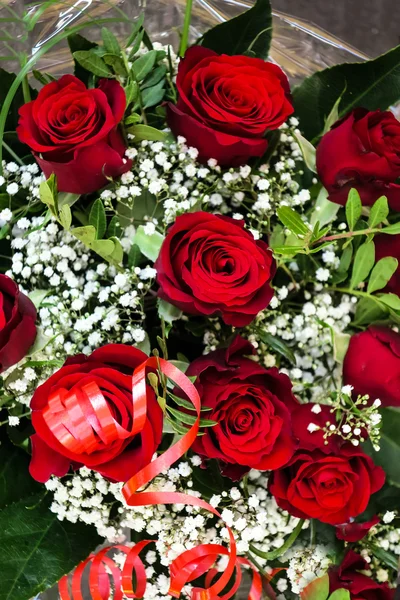 Dark red roses with white gypsophila — Stock Photo, Image