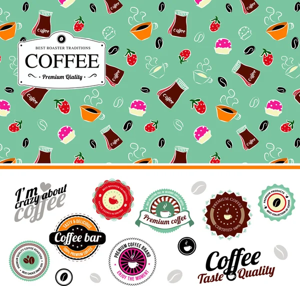 Coffee set of seamless pattern and labels — Stock Vector