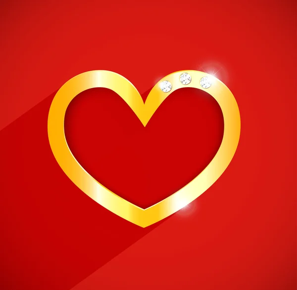 Vector golden heart with gems and flat shadow. Red background. — Stock Vector