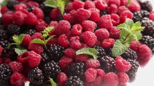 Bessen. Verschillende kleurrijke bessen rotatie achtergrond. Muntblaadjes, Framboos, Blackberry, close-up draaiende achtergrond. Vers biologisch fruit, gezond eten, dieet. — Stockvideo