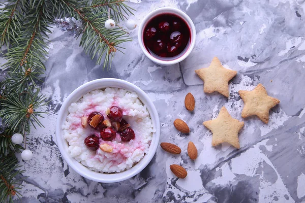 Christmas Rice Pudding Almonds Cherries Light Background Risalamande — Stock Photo, Image