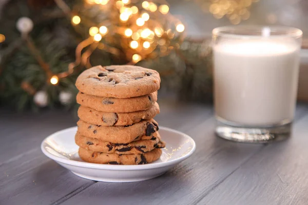 Biscoitos Leite Para Natal Para Papai Noel Janela — Fotografia de Stock