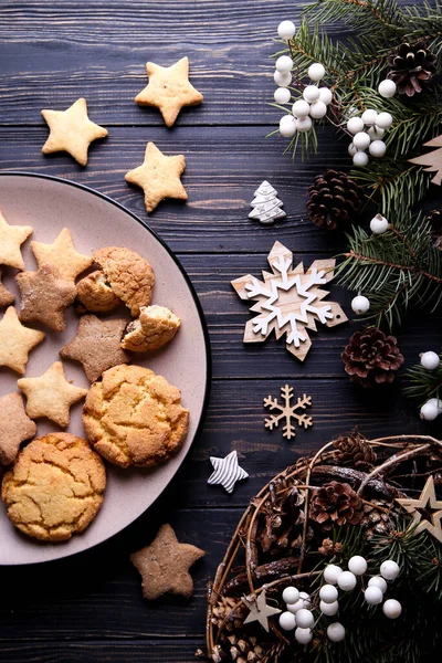 Composición Con Ramas Abeto Sobre Fondo Madera Composición Navidad — Foto de Stock