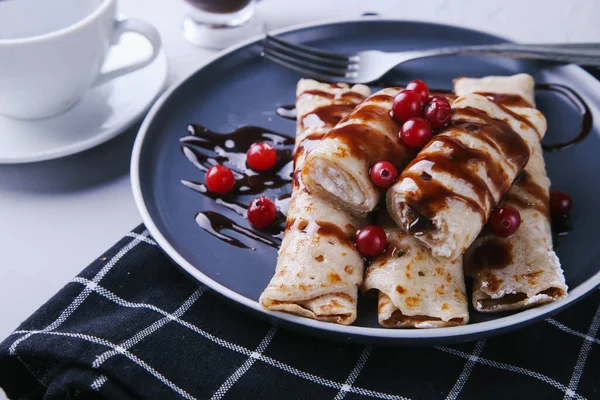 Pancakes Cottage Cheese Cranberries Covered Chocolate Topping — Stock Photo, Image