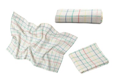 Beyaz peçete beyaz arka planda izole edilmiş. Boşluğu kopyala. 