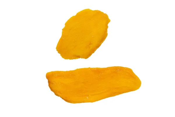 Torra Välsmakande Mango Skivor Isolerade Vit Bakgrund Ovanifrån — Stockfoto