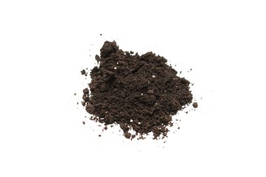 Beyaz arka planda izole edilmiş bitkiler için kara toprak. Yer deseni.