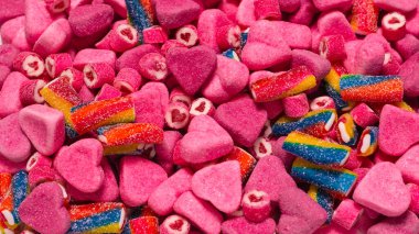 Lezzetli jelibon şekerler. Üst Manzara. Pembe jöleli şeker arka planı. 