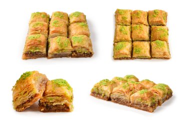 Beyaz arka planda fıstıklı baklava. Tatlı..