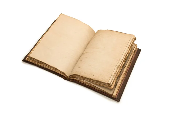 Beyaz bir arkaplanda izole edilmiş boş eski bir defter. Boşluğu kopyala.  