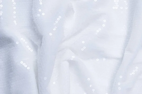Witte Sequin Achtergrond Witte Glanzende Lovertjes Stof Bovenaanzicht — Stockfoto