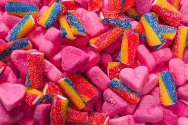 Lezzetli jelibon şekerler. Üst Manzara. Pembe jöleli şeker arka planı. 