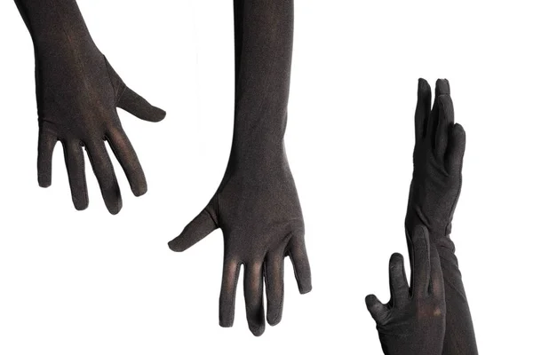 Женщина Надевает Длинные Черные Перчатки Изолированные Белом Фоне — стоковое фото